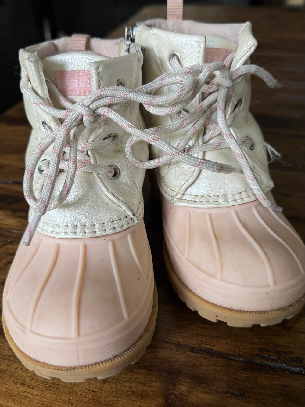 Sperry Kids Pink and White Shimmer Lace-Up Duck Boots